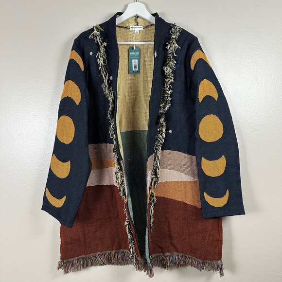 Earthbound Trading Co Sweaters - Earthbound Trading Co Women's L Cardigan Multicolor Moon Phase Fringe Tapestry